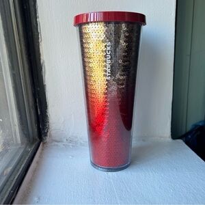 Starbucks Tumbler Red Silver Sequins Holiday Christmas No Straw